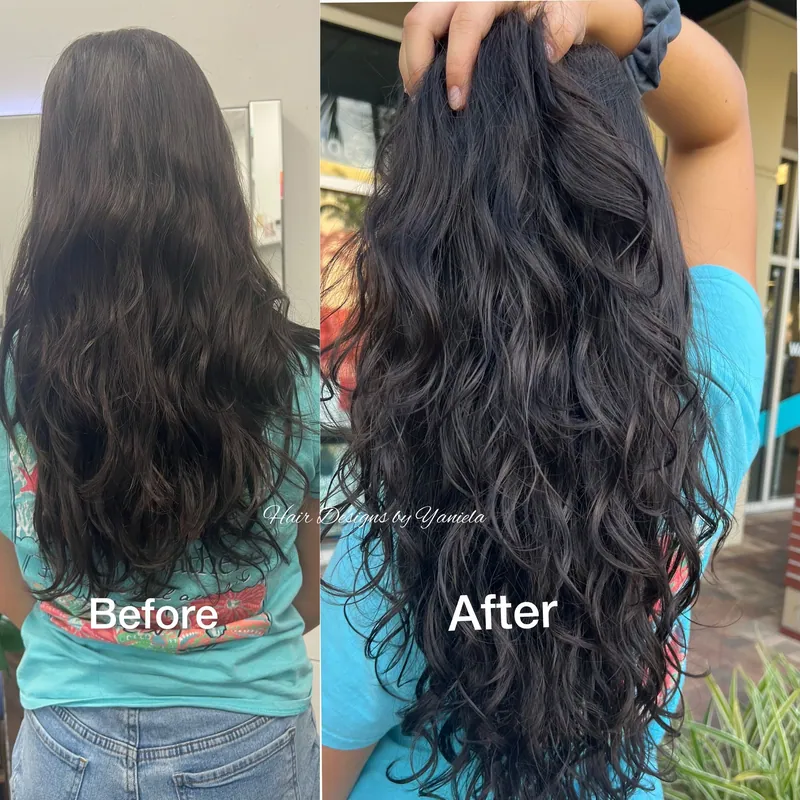 Before and after: long, full waves with tape-in extensions