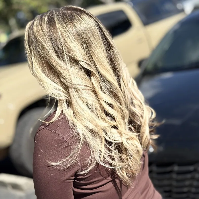 A cascade of highlighted hair