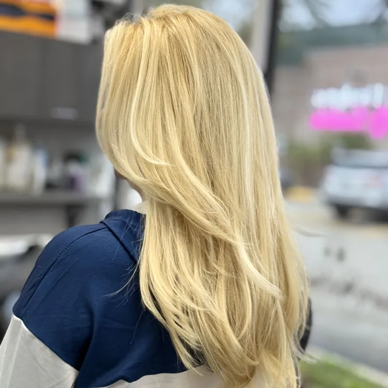 Golden blonde, long and glossy